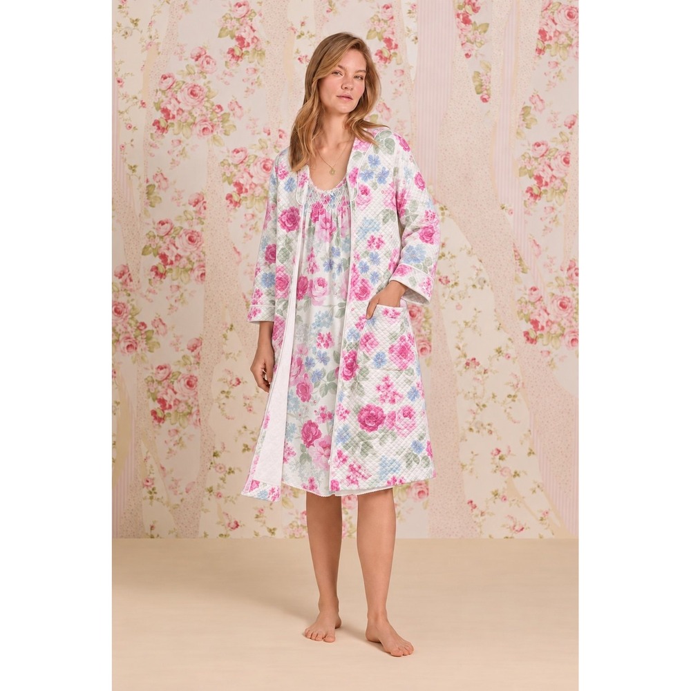 Miss Elaine Petites PM Pink Floral Nightgown Quilted Zip Robe 2-Piece Set